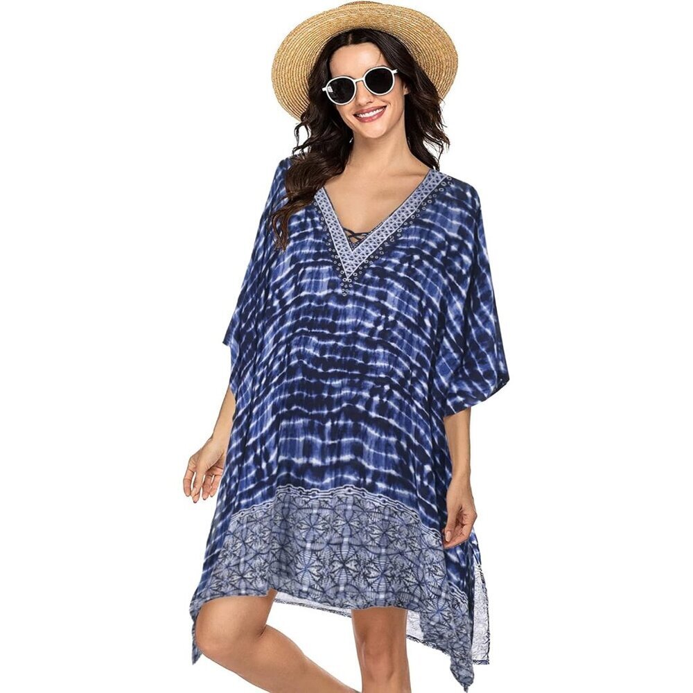 Women's Blue 100% Viscose Kaftan for Bathing Swimsuit Cover Ups Beach Dress